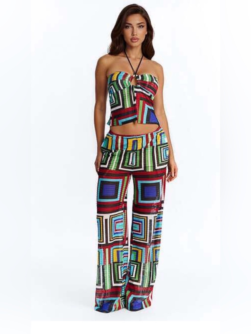 On Island Time Geometric Mesh Pant Set - Multi Color - 3X